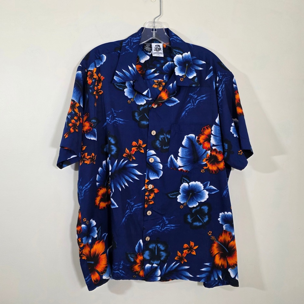Kennington Mens Shirt Tropical Hibiscus Floral Surfer Print Hawaiian Navy Blue L